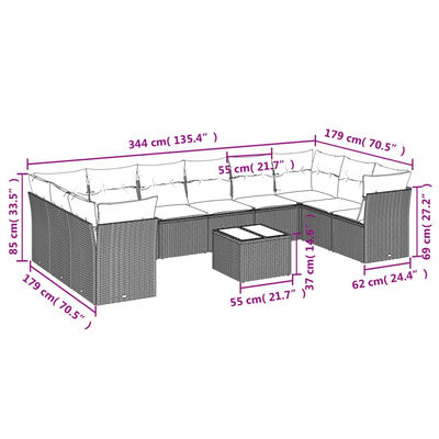 vidaXL 11-dijelni set vrtnih sofa od poliratana s jastucima crni