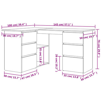 vidaXL Kutni radni stol dimljeni hrast 145x100x76 cm konstruirano drvo