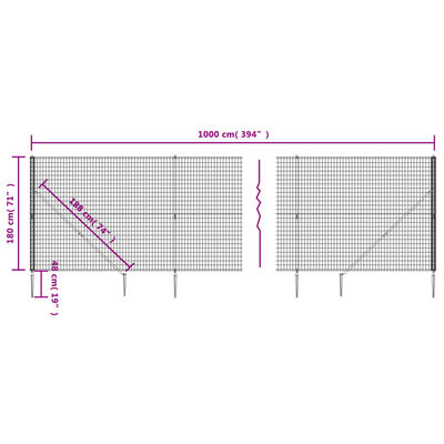 vidaXL Ograda od žičane mreže sa šiljastim držačima antracit 1,8x10 m