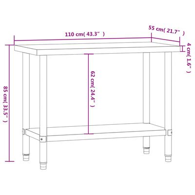 vidaXL Kuhinjski radni stol 110 x 55 x 85 cm od nehrđajućeg čelika