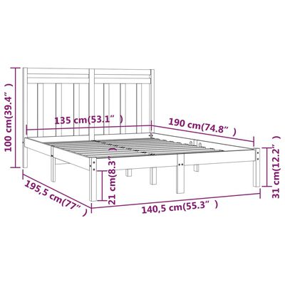 vidaXL Okvir za krevet od masivnog drva crni 135 x 190 cm 4FT6 bračni