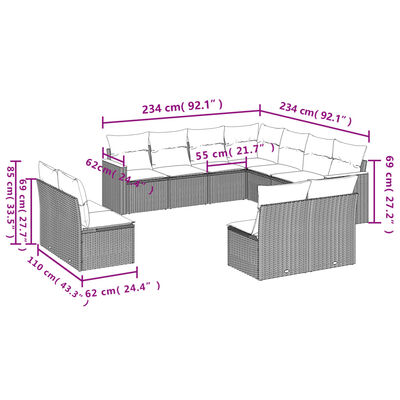 vidaXL 11-dijelni set vrtnih sofa od poliratana s jastucima bež