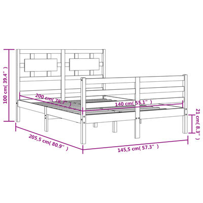 vidaXL Okvir za krevet s uzglavljem bijeli 140x200 cm od masivnog drva