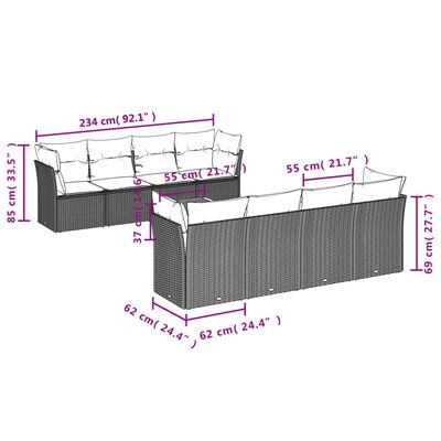 vidaXL 9-dijelni set vrtnih sofa s jastucima crni od poliratana