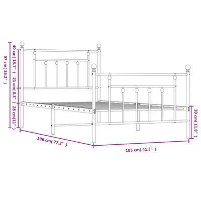 vidaXL Metalni okvir kreveta uzglavlje i podnožje bijeli 100x190 cm