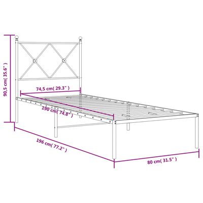 vidaXL Metalni okvir za krevet s uzglavljem crni 75x190 cm