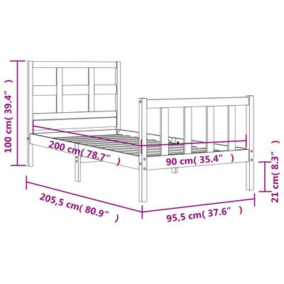 vidaXL Okvir kreveta s uzglavljem crni 90 x 200 cm od masivnog drva