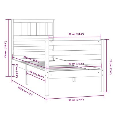 vidaXL Okvir za krevet od masivnog drva 90 x 190 cm 3FT jednokrevetni