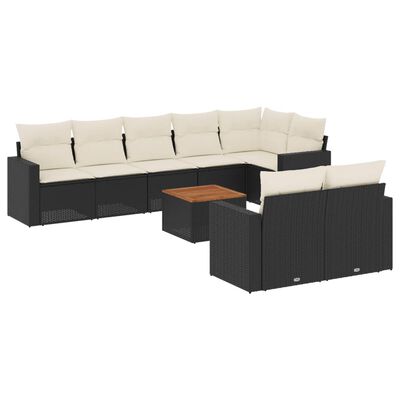 vidaXL 9-dijelni set vrtnih sofa s jastucima crni od poliratana