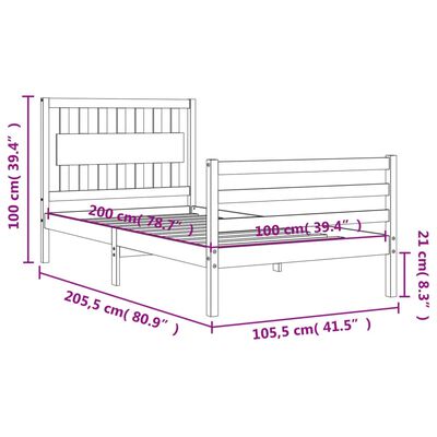 vidaXL Okvir za krevet s uzglavljem crni 100x200 cm od masivnog drva