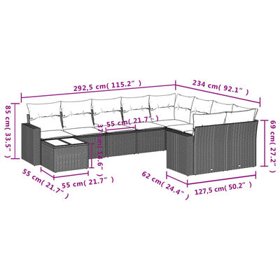 vidaXL 10-dijelni set vrtnih sofa s jastucima crni od poliratana