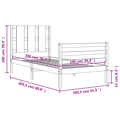 vidaXL Okvir za krevet s uzglavljem 100x200 cm od masivnog drva