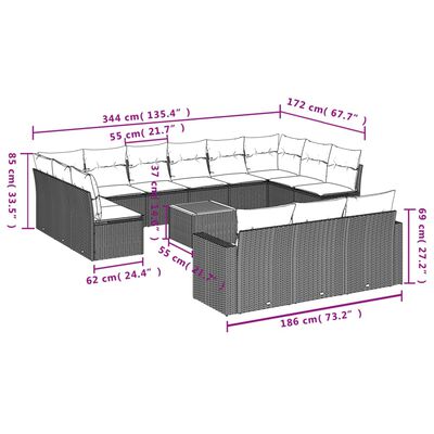 vidaXL 14-dijelni set vrtnih sofa s jastucima poliratan crni