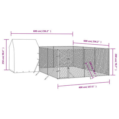 vidaXL Vanjski kavez za pse s krovom srebrni 6x6x2,5 m pocinčani čelik