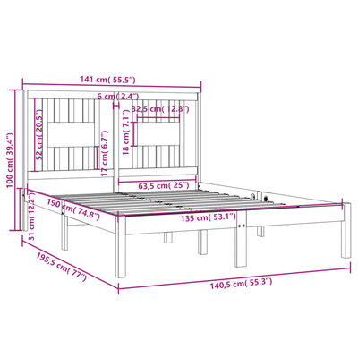 vidaXL Okvir za krevet od masivnog drva crni 135 x 190 cm bračni