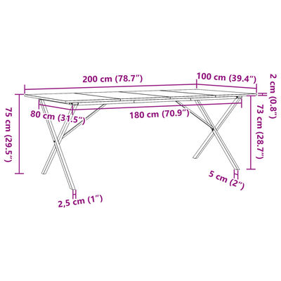 vidaXL Blagovaonski stol X-oblika 200x100x75 cm od borovine i željeza