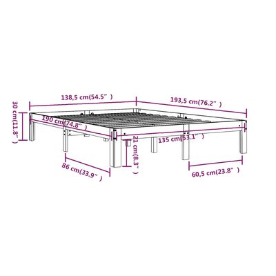 vidaXL Okvir za krevet od masivnog drva crni 135 x 190 cm 4FT6 bračni