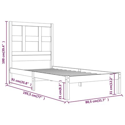 vidaXL Okvir za krevet od borovine bijeli 75x190 cm 2FT6 jednokrevetni