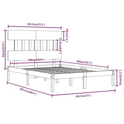 vidaXL Okvir za krevet od masivnog drva crni 180 x 200 cm 6FT bračni