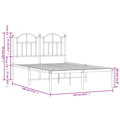 vidaXL Metalni okvir za krevet s uzglavljem bijeli 120 x 190 cm