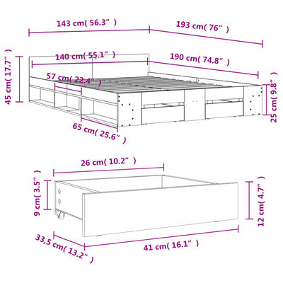 vidaXL Okvir za krevet s ladicama boja hrasta 140x190 cm drveni