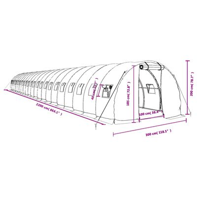 vidaXL Staklenik s čeličnim okvirom zeleni 66 m² 22 x 3 x 2 m