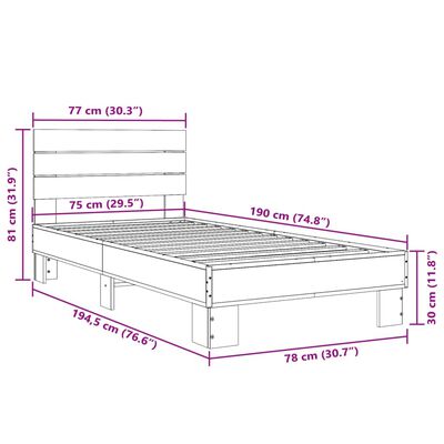 vidaXL Okvir za krevet smeđi hrast 75x190 cm konstruirano drvo i metal