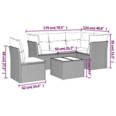 vidaXL 6-dijelni set vrtnih sofa s jastucima crni od poliratana