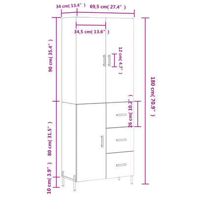 vidaXL Visoka komoda siva betona 69,5x34x180 cm od konstruiranog drva