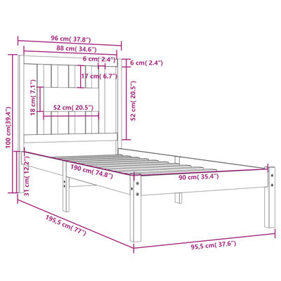 vidaXL Okvir za krevet crni masivno drvo 90 x 190 cm 3FT jednokrevetni