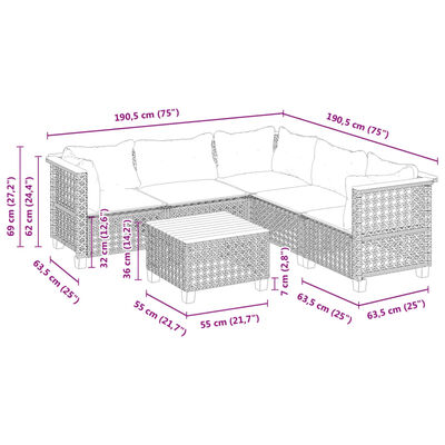 vidaXL 6-dijelni set vrtnih sofa s jastucima crni od poliratana