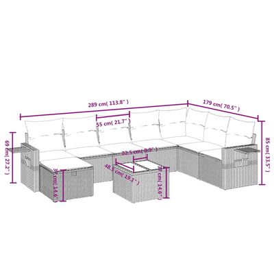 vidaXL 9-dijelni set vrtnih sofa s jastucima crni od poliratana