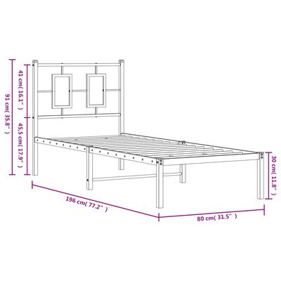 vidaXL Metalni okvir krevet bez madraca s uzglavljem bijeli 75x190 cm