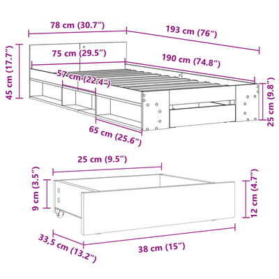 vidaXL Okvir kreveta s ladicom boja hrasta sonome 75x190 cm drveni