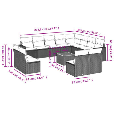 vidaXL 13-dijelni set vrtnih sofa s jastucima poliratan crni