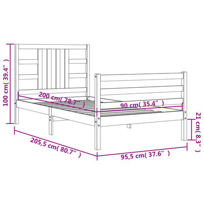 vidaXL Okvir kreveta s uzglavljem bijeli 90 x 200 cm od masivnog drva