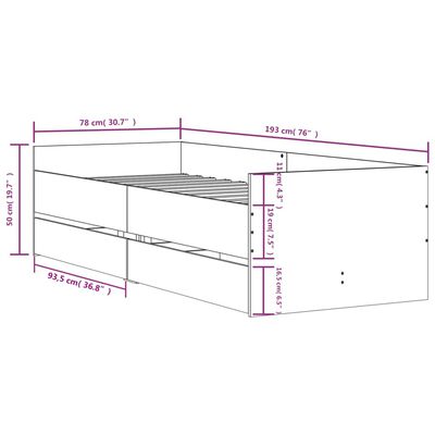 vidaXL Okvir kreveta s ladicama boja betona 75 x 190 cm za jednu osobu