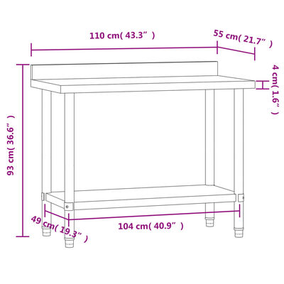 vidaXL Kuhinjski radni stol 110 x 55 x 93 cm od nehrđajućeg čelika