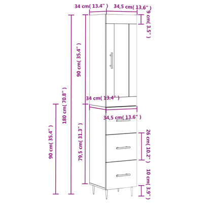 vidaXL Visoka komoda siva sonome 34,5x34x180 cm od konstruiranog drva