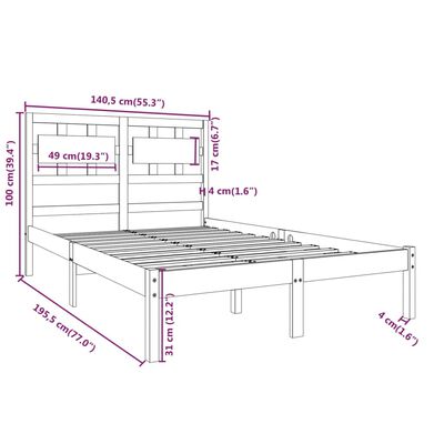 vidaXL Okvir za krevet od masivnog drva bijeli 135x190 cm bračni