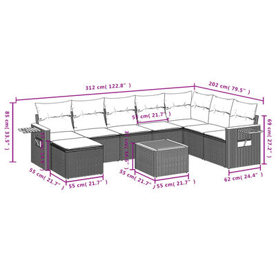 vidaXL 9-dijelni set vrtnih sofa s jastucima crni od poliratana