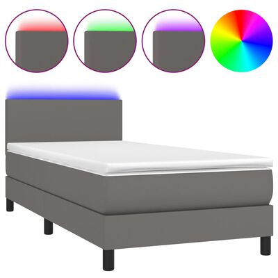 vidaXL Krevet box spring s madracem LED sivi 90x190 cm od umjetne kože