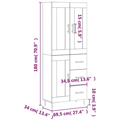 vidaXL Visoka komoda bijela 69,5x34x180 cm konstruirano drvo