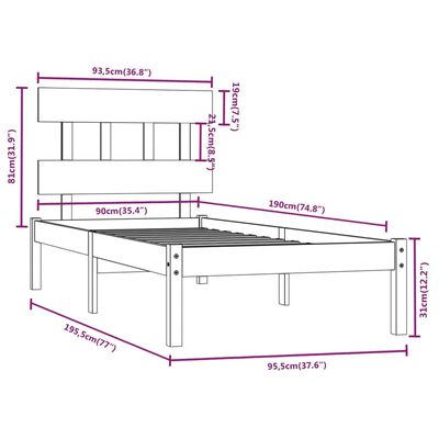 vidaXL Okvir za krevet crni masivno drvo 90 x 190cm 3FT6 jednokrevetni