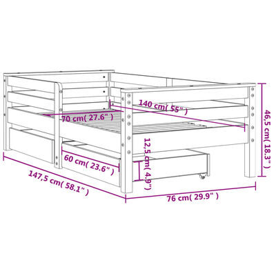 vidaXL Okvir za dječji krevet s ladicama bijeli 70x140 cm od borovine