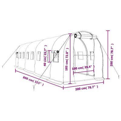 vidaXL Staklenik s čeličnim okvirom zeleni 16 m² 8 x 2 x 2 m