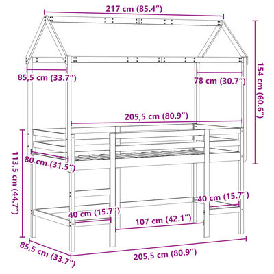 vidaXL Krevet na kat s ljestvama i krovom bijeli 80x200 cm od borovine