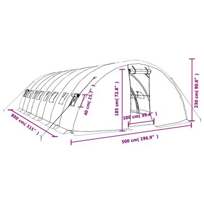 vidaXL Staklenik s čeličnim okvirom bijeli 40 m² 8 x 5 x 2,3 m