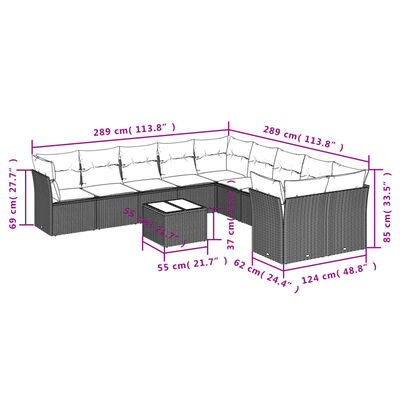 vidaXL 11-dijelni set vrtnih sofa od poliratana s jastucima sivi