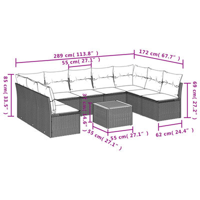 vidaXL 10-dijelni set vrtnih sofa s jastucima bež od poliratana